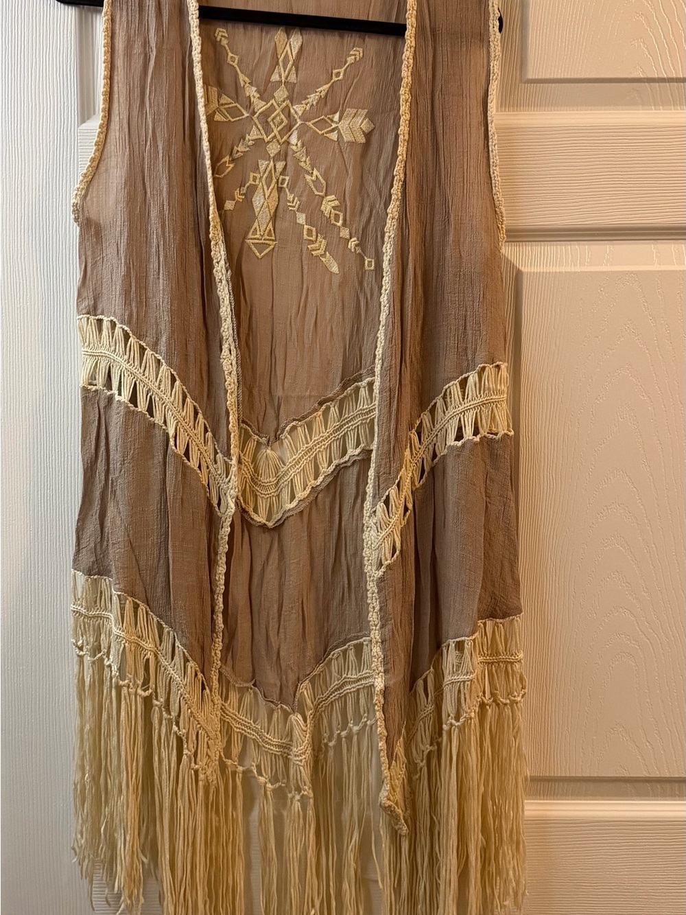 Embroidered Fringe Open-Front Vest in Taupe and Cream